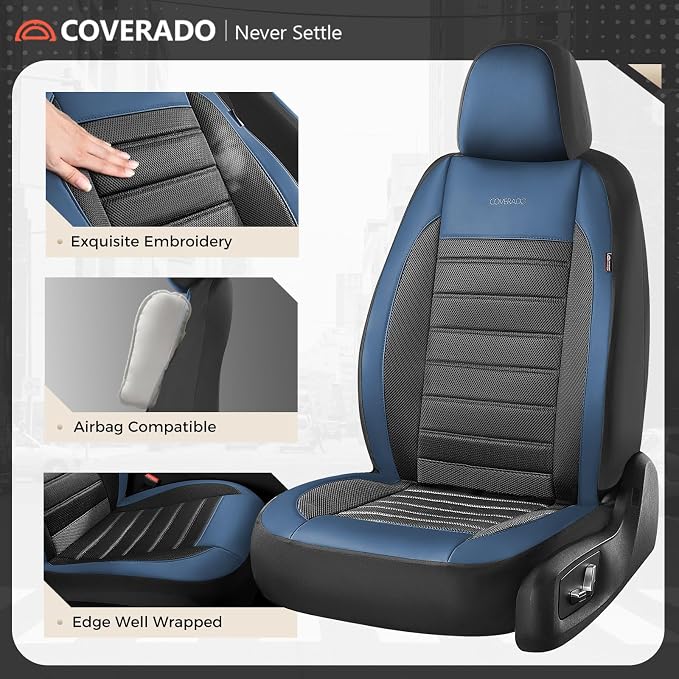 Coverado Car Seat Covers Full Set, Luxury Leather Car Seat Covers, Automotive Front and Rear Mesh Seat Covers, Full Set 5 Seats, Blue Black Seat Covers for SUV Sedan Truck