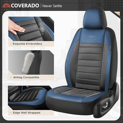 Coverado Car Seat Covers Full Set, Luxury Leather Car Seat Covers, Automotive Front and Rear Mesh Seat Covers, Full Set 5 Seats, Blue Black Seat Covers for SUV Sedan Truck