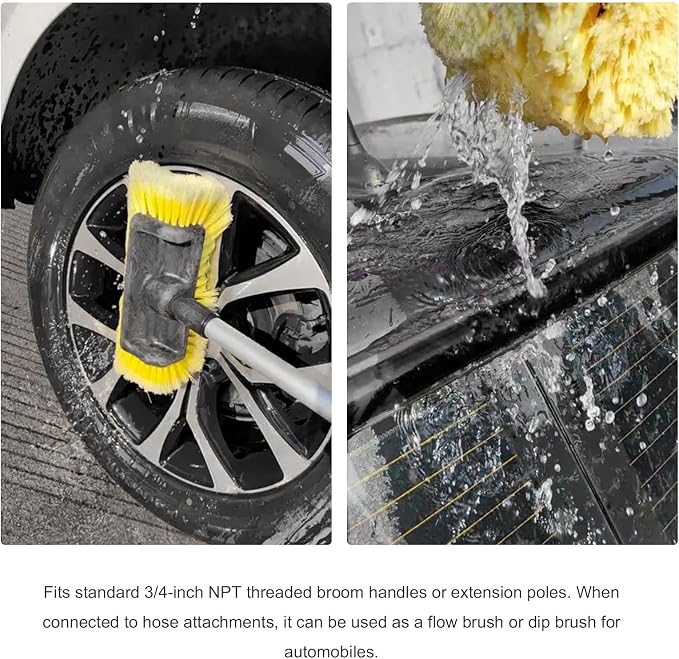 10.2" Car Wash Brush Head, Flow-Thru Auto Camper Cleaning Brushes with Soft Bristle, Universal Detailing Brush Head for Vehicle Boat Exterior Washing, Car Accessories (Yellow)