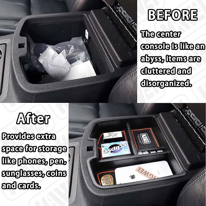 HGWEI Center Console Organizer Compatible with 2007-2014 Chevy Silverado GMC Sierra Avalanche Tahoe Suburban Yukon Yukon XL Accessories, Floor Mounted Center Console ONLY, Orange Trim