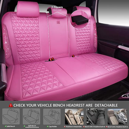 CAR PASS Hot Pink Bling Diamond Leather Car Seat Covers Full Sets, Waterproof Shining Glitter Sparkly Crystal Universal Armrest Fit for Automotive Truck SUV Cute Women Girl,Hot Pink Rhinestone
