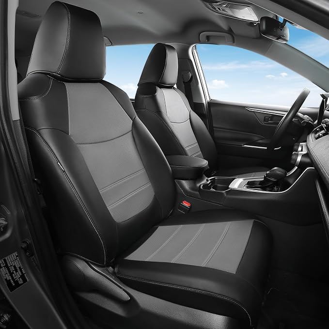 FREESOO RAV4 Seat Covers Full Set Custom Fit for Toyota Rav4(Only Hybrid) 2019 2020 2021 2022 2023 2024 2025 LE/XLE/XLE Premium/Limited, Faux Leather Car Seat Cover, Airbag Compatible, Black Gray