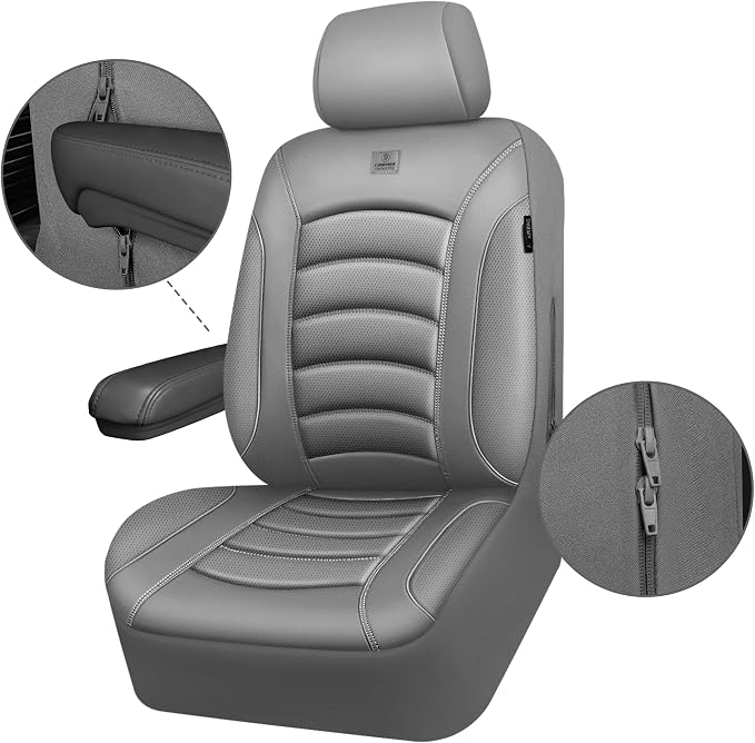 CAR PASS 3D Foam PU Leather Car Seat Covers, Universal Seat Covers Front 2 for Trucks SUV Sedan Automotive Seat Covers Armrest Airbag Compatible Waterproof Comfortable Faux Nappa Leather All Gray