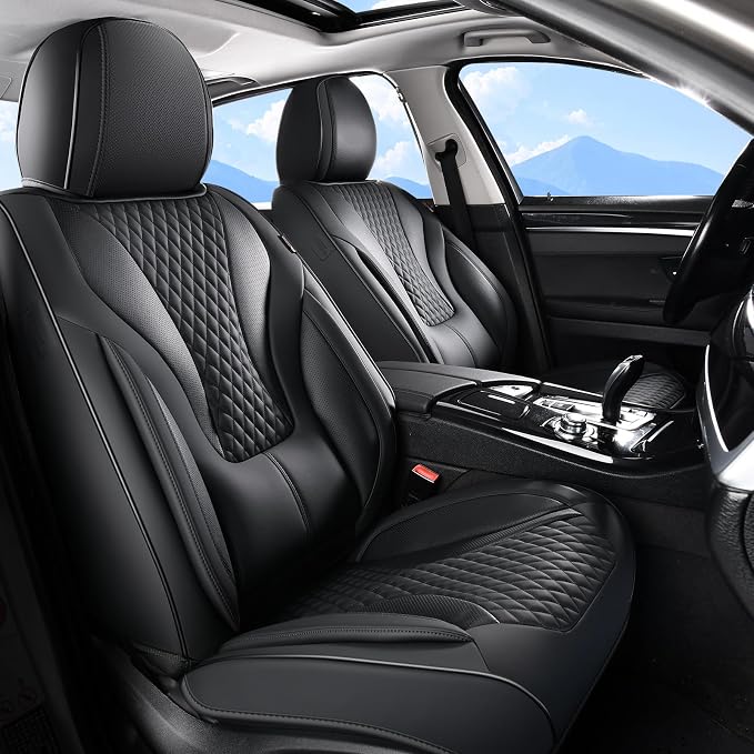 Coverado Waterproof Nappa Leather Car Seat Covers, Automotive Seat Covers，Front Car Seat Cushion & Car Seat Protector, Black Seat Covers Universal Fit for Most Cars, SUVs, Trucks