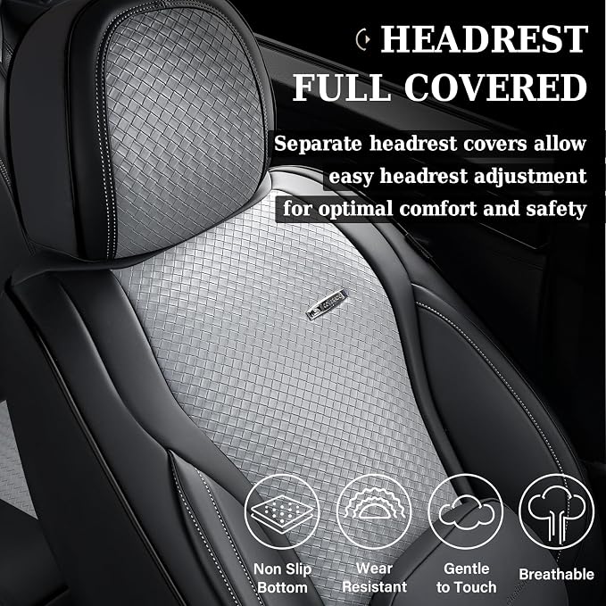 Coverado Seat Covers, Car Seat Covers Front Seats, Waterproof Nappa Leather Auto Seat Cover with Lumbar Head Pillow, Black Gray Seat Covers Carseat Cover Universal Fit for Most Cars