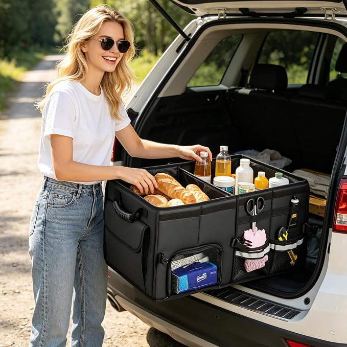 Trunk Organizer Car Organizer Leather Storage Box Foldable Trunk Organizer for SUVs & Sedans Sturdy Car Organization for Car Accessories, Tools, Sundries, Collapsible and Adjustable, 23.6 Inch