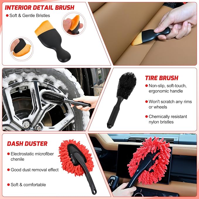 Nilight 37PCS Car Detailing Kit Auto Cleaning Tools Wash Set with Storage Carry Bag Home Use for Interior Exterior Deep Clean Car Care Windshield Dashboard Seat Air Vents Wheels Tires, Red