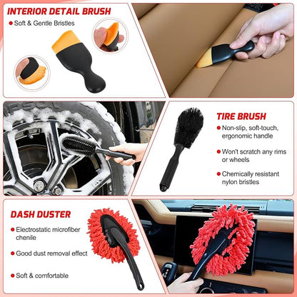 Nilight 37PCS Car Detailing Kit Auto Cleaning Tools Wash Set with Storage Carry Bag Home Use for Interior Exterior Deep Clean Car Care Windshield Dashboard Seat Air Vents Wheels Tires, Red