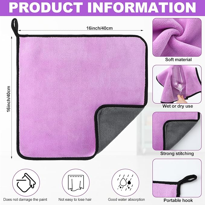 Tallew 12 Pcs Microfiber Towels for Cars, 800 GSM Plush Drying Cleaning Cloth Bulk, 16 x 16 Inch Thick Absorbent Wash Detailing Towels for Car Polishing, House, Kitchen Cleaning(Purple)