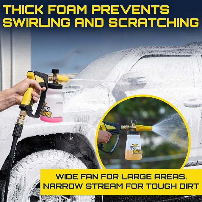 Clean Car USA Foam King Foam Cannon for Pressure Washer, Car Wash Soap Sprayer with 1/4" Quick Connector, Wide-Neck Bottle, Adjustable Snow Foam Blaster for Auto Detailing, Trucks, Motorcycles & More