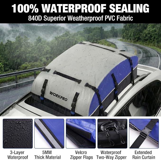 WORKPRO 21 Cubic Feet Rooftop Cargo Carrier Roof Bag, Waterproof Roof Rack Cargo Carrier for Vehicles with/Without Rack, Heavy Duty 840D PVC, Includes Anti-Slip Mat, 6 Door Hooks and Storage Bag