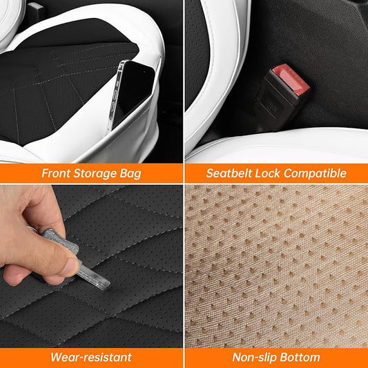 Black White Car Seat Covers Front Seats, Luxury Leather Automotive Seat Covers with Lumbar Support, White Car Inner Accessories Seat Protector Universal Fit for Most Cars Trucks Pick-ups SUVs
