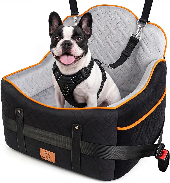 GINMIC Dog Car Seats for Small Medium Dogs up to 35 lbs – Dog Booster Car Seat with 5.3-Inch Memory Foam, Dual Safety Leashes, Detachable Washable Cover & Storage Pockets, Soft Travel Dogs Bed (Black)