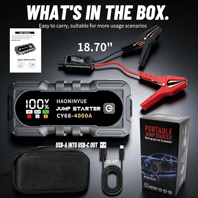 4000A Car Battery Jumper Starter, Battery Jumper Starter Portable (8.0LGas/6L Diesel), 16000mAh Charging Jump Box, Portable Car Jump Starter with Jumper Cables and 600LM LED Light