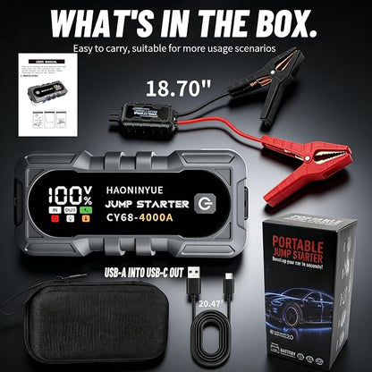 4000A Car Battery Jumper Starter, Battery Jumper Starter Portable (8.0LGas/6L Diesel), 16000mAh Charging Jump Box, Portable Car Jump Starter with Jumper Cables and 600LM LED Light