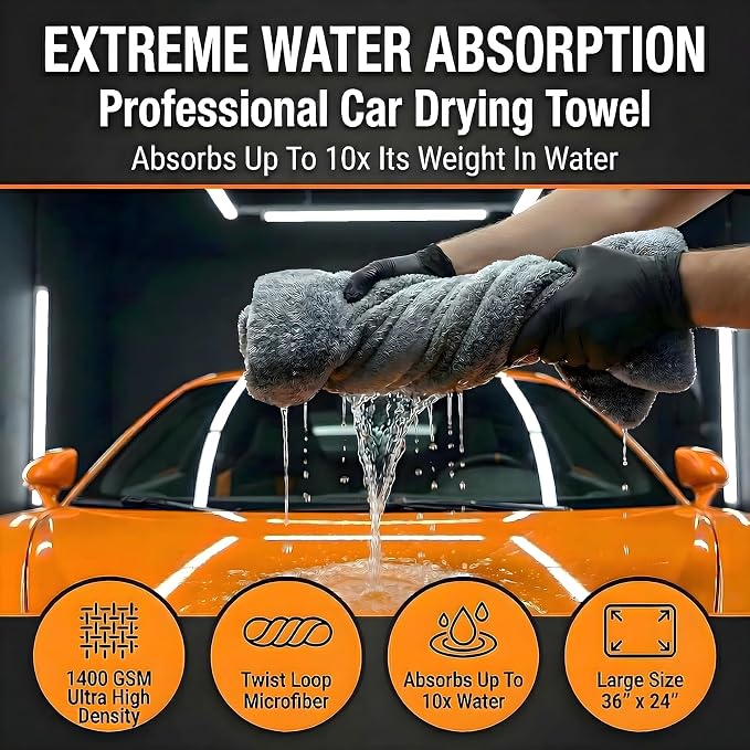 Car Drying Towel Extra Large 36" x 24" 1400 GSM Twisted Loop Microfibre - Charcoal Drying Towel Car Detailing, Double-Sided Edgeless Design, Super Absorbent, Durable Machine Washable and Lint-Free