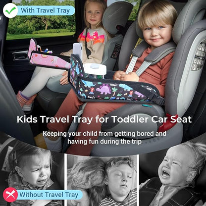 COOLBEBE Kids Travel Tray for Toddler Car Seat, 2PCS Travel Tray for Airplane, Lap Tray, Carseat Table Tray for Kids Travel Activities, Dinosaur & Pink Unicorn