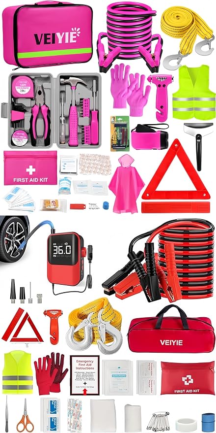 VEIVIE 23Pcs Roadside Emergency Car Kit for Vehicles, Car First Aid Kit Emergency Kit with Jumper Cables,Car Safety Kits, Tow Strap, Tool Kit, Road Trip Assistance for Men, Women, New Driver Gifts