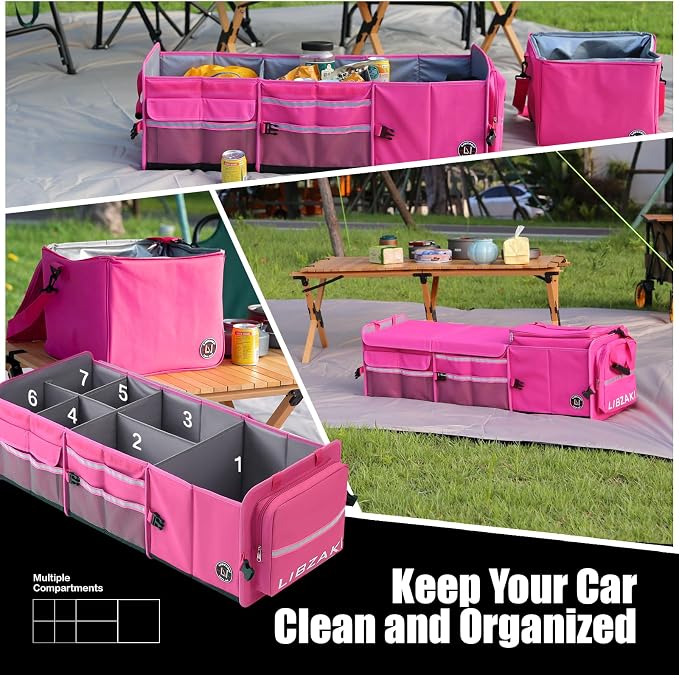LIBZAKI Oversize 4 in 1 Car Trunk Storage Organizer, Multi Compartment Collapsible Trunk Storage Box with Cooler Bag for Car Truck SUV-Rose red