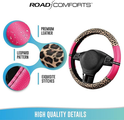Road Comforts Leopard Steering Wheel Cover for Women, Cute Anti-Slip Microfiber Leather, Universal Fit 14.5-15 Inch Round Steering Wheel - HotPink