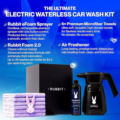 Electric Plus Kit, Waterless Car Wash Kit, Rechargeable Electric Sprayer, Foam 2.0 Solution, 6 Reusable Microfiber Towels, & Air Freshener, Car Cleaning Supplies, 9 Piece Auto Cleaning Kit