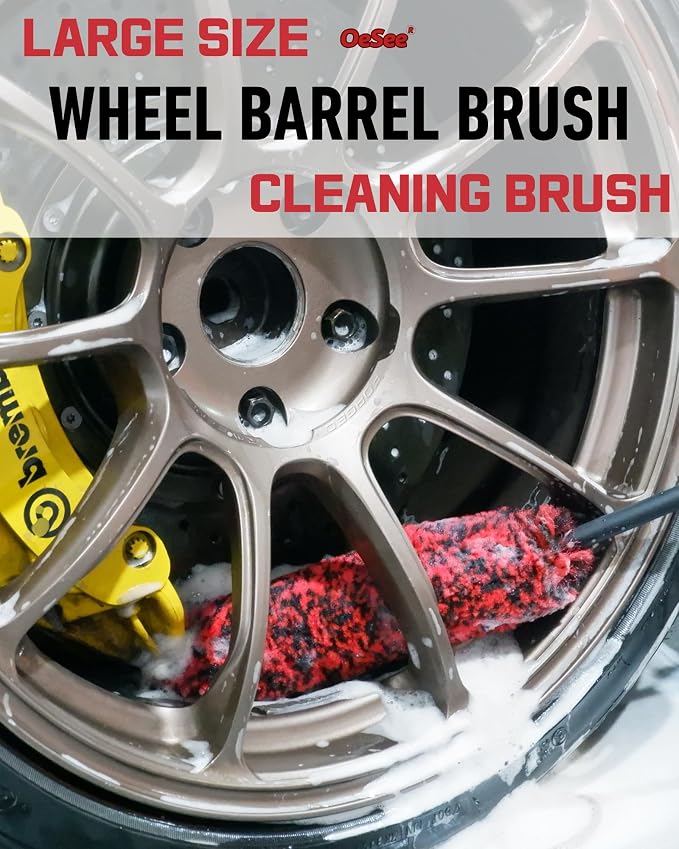 oesee Professional 4 Pack Long Handle Wheel Brush Kit for Cleaning Wheel and Tire- 2X Soft Wheel Cleaning Brush, Detailing Brush and Stiff Tire Brush, Bendable& Durable Wheel Rim Cleaner Brush Set