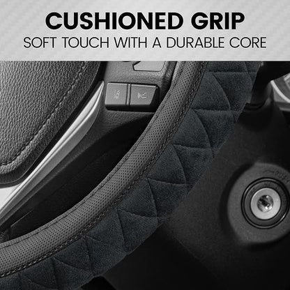 BDK GripTech Plush Fuzzy Steering Wheel Cover for Car Truck Van SUV, Standard 15 inch Size, Soft Black Fluffy Exterior, Comfortable Ergonomic Car Steering Wheel Cover