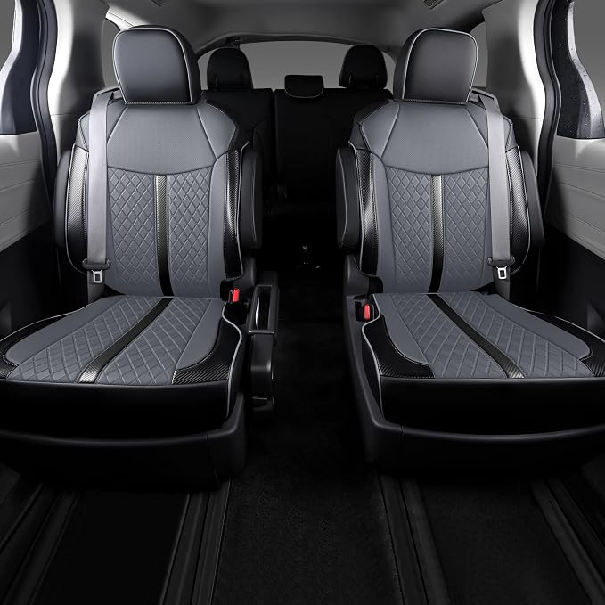 Custom Fit Sienna Seat Covers for 2021-2026 Toyota Sienna 7-Seat XLE XSE Woodland Limited Platinum [Ottoman Not Covered], Waterproof Faux Leather Full Set Airbag Compatible (Black+Grey)