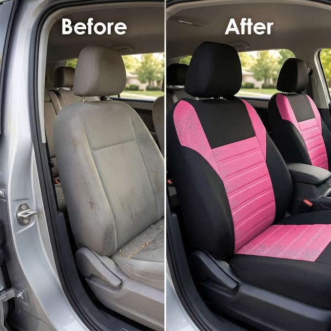 FH Group Automotive Car Seat Covers Full Set Premium 3D Air Mesh Front Seat Covers, Airbag Compatible & Split Bench Cover Universal Fit Interior Accessories for Cars Trucks and SUVs - Pink