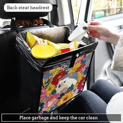 Car Trash Can Organizer Bin with Adjustable Strap for Back Front Seat Console Waterproof Leakproof Collapsible Portable 8.66 Inch Garden Flowers Hedgehogs Colorful