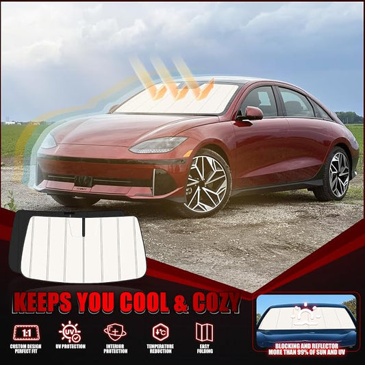 Windshield Sun Shade for Hyundai Ioniq 6 2023-2026, Front Window Visor Accessories, Folding Design Blocks Heat & UV Rays Maintain Cool Interior and Save Space