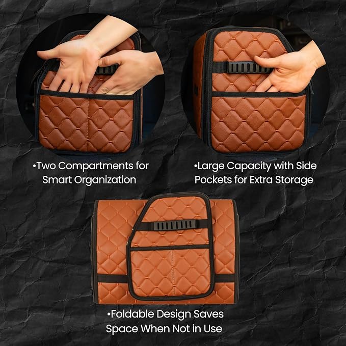 Leather Trunk Organizer with Lid for Suv and more, Foldable Car Organizer, Car Organizers and Storage with Pockets, Non-Slip Design