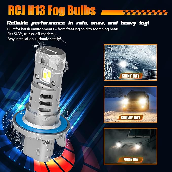 RCJ Fog Weather Light Bulbs, H13/9008 Bulbs 6000K Cool White, Plug-N-Play, Pack of 2