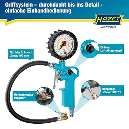 HAZET Tire Pressure Gauge 9041-1 I Pressure Gauge Measuring Range: 0-174 Psi, Hose Length: 15.75 Inches, Pressure Gauge Diameter: 2.48 Inches I Tire Pressure Gauge for Cars