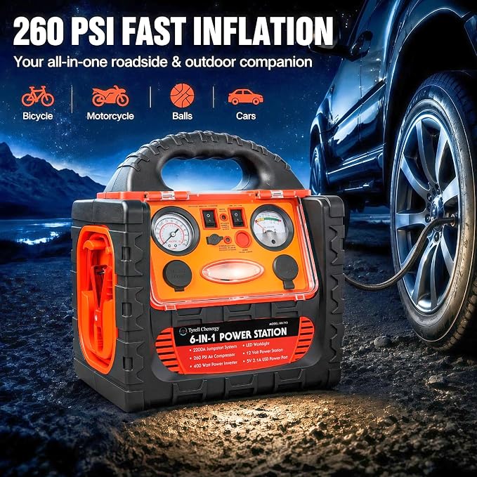 2200 Amp Car Jump Starter with Air Compressor,Portable Power Station with 260 PSI Tire Inflator,400W Power Inverter Dual AC/DC Ports,2.1A USB Port,Battery Clamps