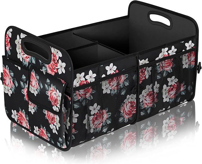 Femuar Car Trunk Organizer,Car Storage Organizer with 72L Large Capacity Waterproof Collapsible and 11 Pockets,Trunk Organizer for Car Suv/Jeep/Sedan, Large Size, Flower