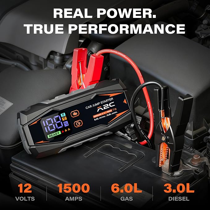 A2C Portable Jump Starter, 12V Auto Battery Booster, Power Bank, LED Light | Fits 6.0L Gas/3.0L Diesel. Features QC3.0 fast charging, smart safety clamps (short/reverse protection), & 3 lighting modes.
