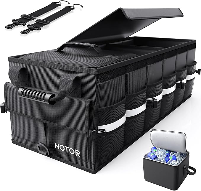 HOTOR Car Trunk Organizer - Trunk Organizer for SUV with Removable Cooler Bag, Foldable Cover, 3 Compartment Car Storage Essential Car Accessories for Truck, Van & Sedan, Black, 33.1" x 12.6" x 11.0"
