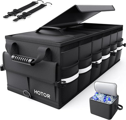 HOTOR Car Trunk Organizer - Trunk Organizer for SUV with Removable Cooler Bag, Foldable Cover, 3 Compartment Car Storage Essential Car Accessories for Truck, Van & Sedan, Black, 33.1" x 12.6" x 11.0"