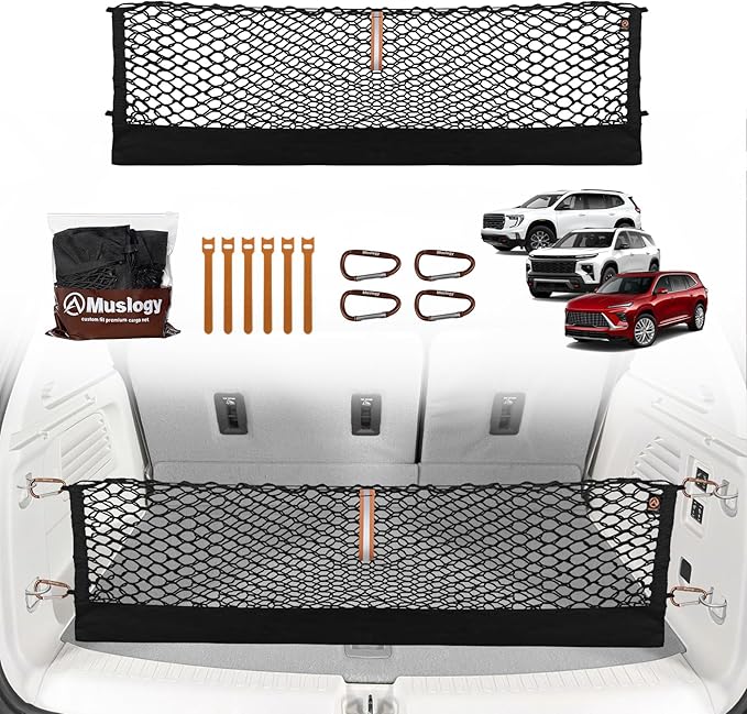 Muslogy Truck Bed Cargo Net Trunk Netting Compatible with 2024-2026 GMC Acadia | Chevy Traverse | 2025+ Buick Enclave Accessories, Pickup Cargo Organizer SUV Sedan Storage Net w/Heavy Duty Carabiners