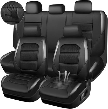 CAR PASS Memory Foam Car Seat Covers Full Set,Breathable Mesh Thick Seat Covers for Car,Gray Metal Film Leather Seat Covers,Universal Automotive Comfort for Most Car,Truck,Airbag Compatible,Black Gray