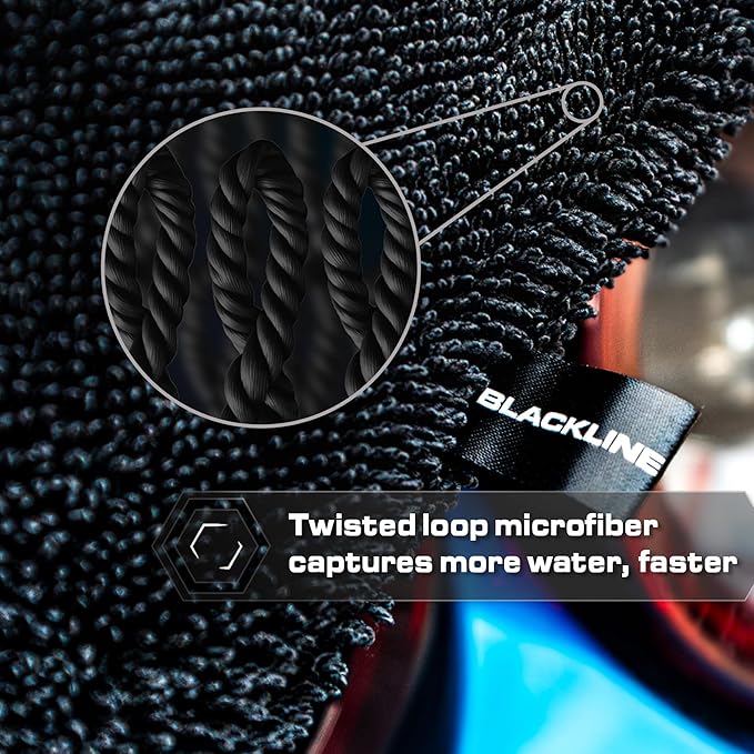Blackline 24"x36" Twisted-Loop Car Drying Towel, 1300GSM, Streak Free, Lint Free, Reusable - Car Accessories, Microfiber Cleaning Cloth for Car, Truck, SUV - One Pass is All You Need