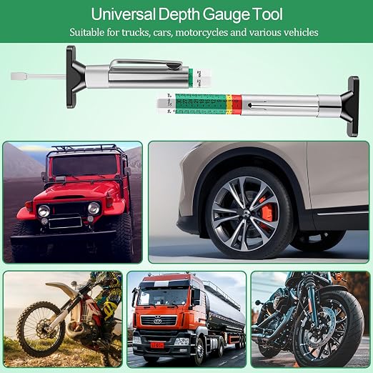 3-Pcs Tire Tread Depth Gauge in 1/32 Inch, Color Coded Tire Depth Gauge with Pocket Clip, Tread Depth Accurate Measurement Tools for Car, Trucks, SUV, Motorcycle, Bike (with 5Pcs Tire Valve Stem Caps)