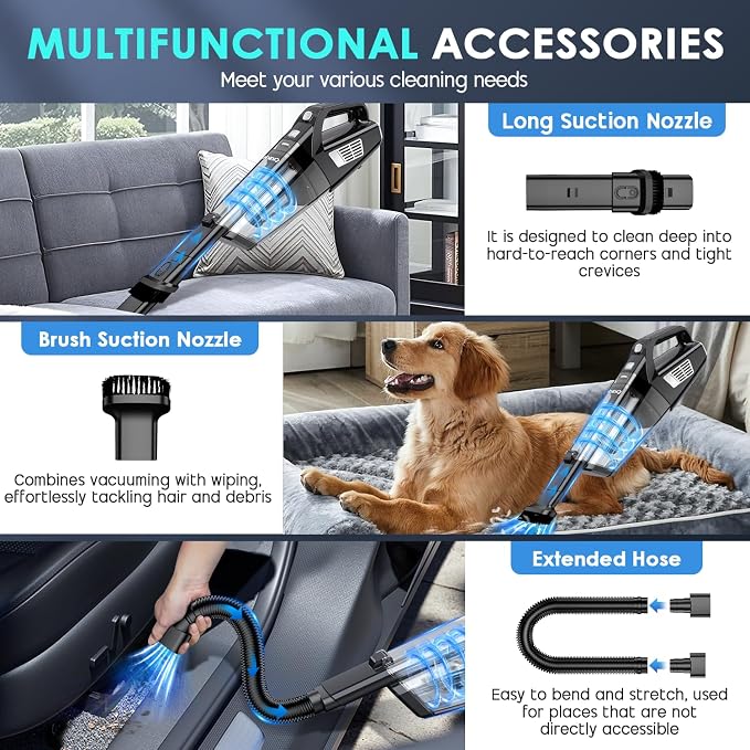 CKIKH Handheld Vacuum Cordless, 15000PA Strong Suction Hand Held Car Vacuum Cleaner Portable with Multi-Nozzles & Washable Filter, Lightweight Rechargeable Vacuum Cleaner for Home, Car, Office, Pets