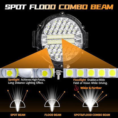 7 Inch Round LED Off Road Lights, 201W 12000lm LED Light Pods, Offroad Driving Fog Lights Work Lights for Trucks Tractor Snowmobile Golf Cart ATV UTV RV Plower, 4 Pack with Wiring Harness