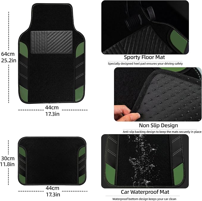 NBTEPEM 10 Pcs Car Floor Mats Full Set & Sport Leather Steering Wheel Cover 14.5-15 inch, Center Console Cover, Seat Belt Cushion, Cup Holder Coaster, Universal Automobile Interior Sets (Green)
