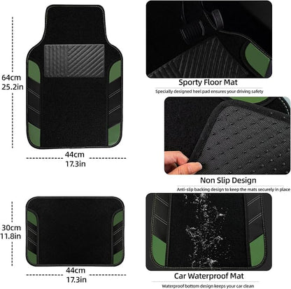 NBTEPEM 10 Pcs Car Floor Mats Full Set & Sport Leather Steering Wheel Cover 14.5-15 inch, Center Console Cover, Seat Belt Cushion, Cup Holder Coaster, Universal Automobile Interior Sets (Green)
