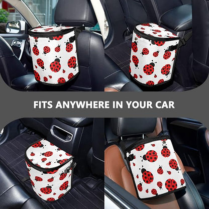 Ladybug Car Trash Can Leak Proof Garbage Bag Cute Red Ladybugs Car Trash Bin with Lid Hanging Waterproof Storage Pockets Collapsible Car Organize Multipurpose