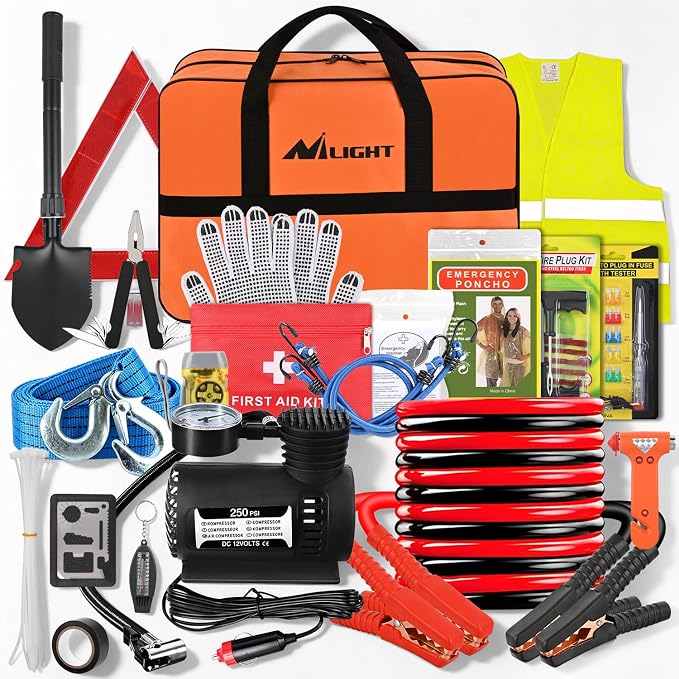 Nilight Car Emergency Kit with Jumper Cable, First Aid Kit Safety Assistance Tools for Travel Camping Outdoor Cars Truck SUV RV, Roadside Essentials with Flash Light