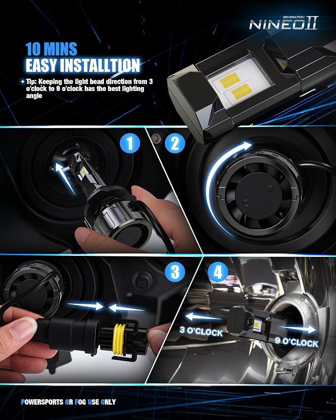 NINEO H13 Bulbs, H13/9008 Fog Lights, Upgrade 600% Brighter 6500K White, Fan-Cooled, No Flicker, Plug & Play, Driving or Fog Light, 2 Pack